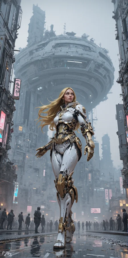 in the style of ck-sfc, detailed photorealistic image, fractal glass shaped cosmic fortress Station dread megastructure of a Colossal scale in background, white ceramic and gleaming silver metallic, Hyper realistic painting, futuristic sci-fi environment, volumetric light, dealicate and breathtaking, picture of dancing cyborg girl goddess of light and purity on the street of cyturistic city, tight white-golden luxury robotic body suit, shining long golden hair, ground water reflections, neons shining on the night rain droplets, holy aura <lora:BLUE_mk4_angel_FLUX_03:1.2> <lora:ck-Sci-Fi-Concepts:1> <lora:CPA:1>