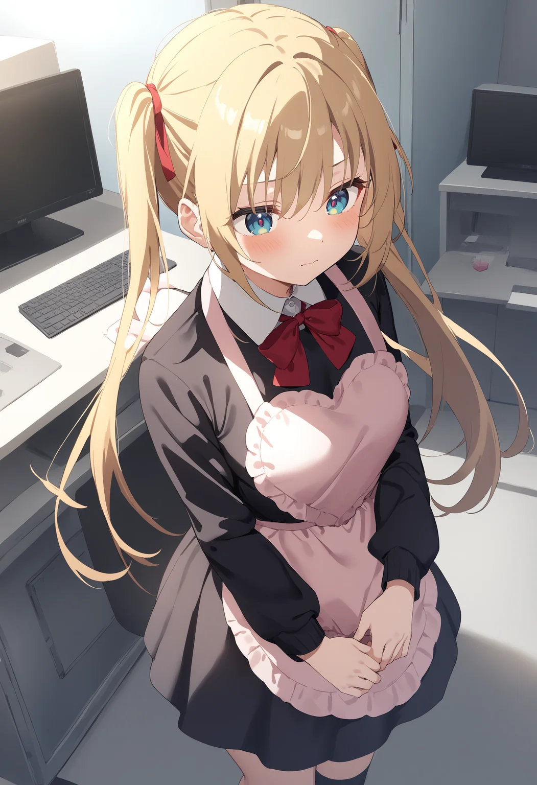 1girl,sincos, ningen mame, toosaka asagi,solo,medium breasts,school uniform,
heart apron,apron, frills, frilled apron, <lora:heartapron_XL_v1:0.6>
from above, wide shot, looking down, blonde hair, gray eyes,dark persona, computer room, closed mouth, twintails hair,,
best quality, very aesthetic, absurdres