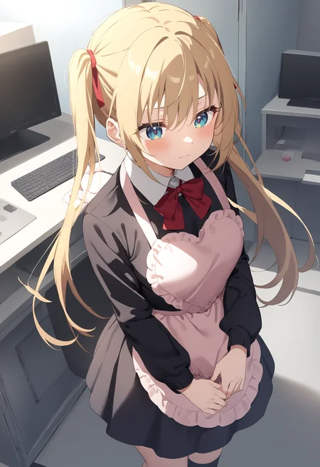 1girl,sincos, ningen mame, toosaka asagi,solo,medium breasts,school uniform,
heart apron,apron, frills, frilled apron, <lora:heartapron_XL_v1:0.6>
from above, wide shot, looking down, blonde hair, gray eyes,dark persona, computer room, closed mouth, twintails hair,,
best quality, very aesthetic, absurdres