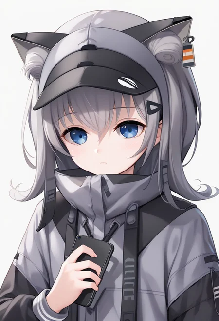 score_9, score_8_up, score_7_up, upper body n102nikke, blue eyes, grey hair, long hair, fake animal ears,, grey jacket, long sleeves, black shorts, bike shorts, hood, hood up, ears through headwear, visor cap,((((holding M4 carbine))))