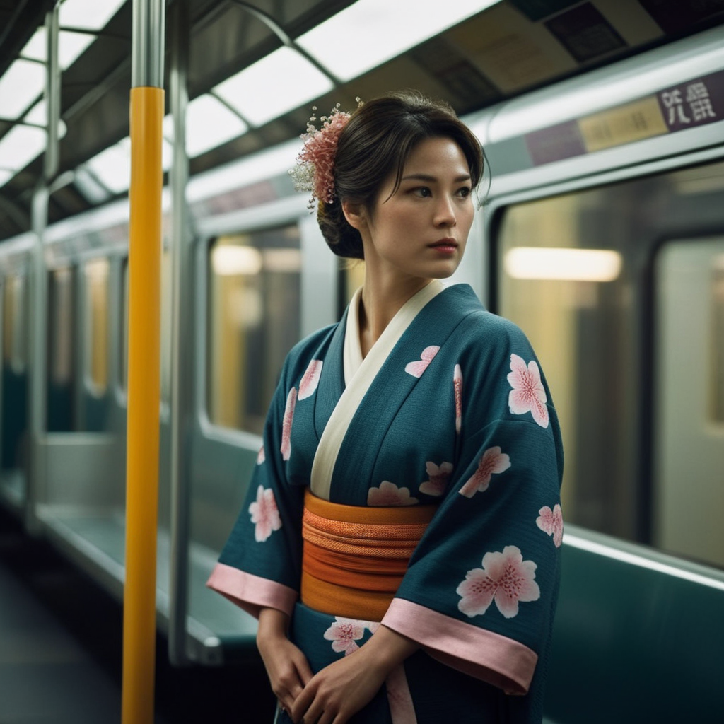 cinematic film still of  <lora:Kodak Motion Picture Film:1.2>  (Sharp Detailed Image)
An Oscar winning movie for Best Cinematography a woman in a kimono standing on a subway train in Japan Kodak Motion Picture Film Style, shallow depth of field, vignette, highly detailed, high budget, bokeh, cinemascope, moody, epic, gorgeous, film grain, grainy