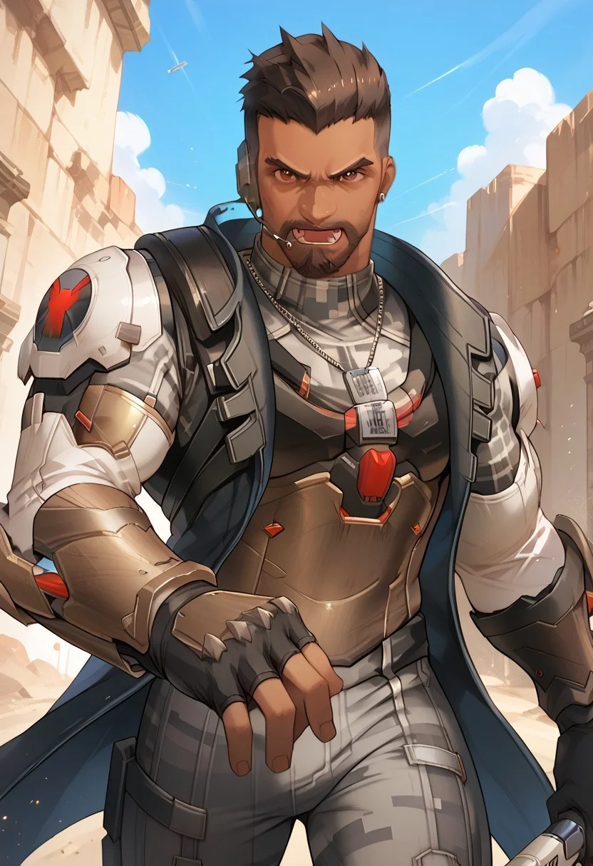 score_9, score_8_up, score_7_up, high quality, correct hands, correct fingers, 5-fingers, perfect face, perfect proportion, perfect anatomy, perfect eyebrows, perfect eyes, defined face, 1male, mature male, solo, soldier 24, greyes, reaper /(overwatch)/, dark skin, short hair, brown hair, hazel eyes, undercut, beard, scar on face, muscular, bara, armor, gloves, gray camouflage pants, dogtag, earphone, gray camouflage top, long sleeves, gauntlet, holding double guns, shooting, furious, open mouth, movement, dynamic pose, looking at viewer, BREAK, depth of field, super wide angle shot, extreme perspective,