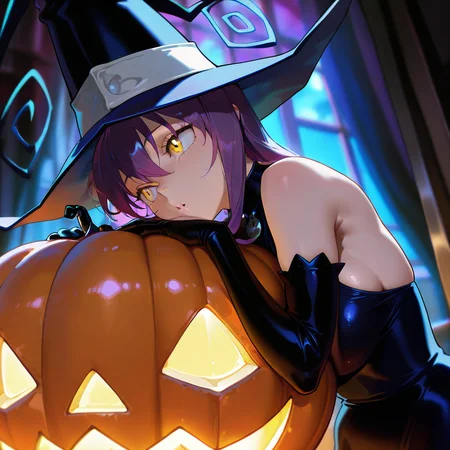 masterpiece, best quality, amazing quality, very aesthetic, absurdres, newest, volumetric lighting,
souleaterstyle,blair,
1girl,solo,long hair,gloves,hat,bare shoulders,yellow eyes,purple hair,elbow gloves,witch hat,halloween,jack-o'-lantern,pumpkin,
,masterpiece, best quality, amazing quality, very aesthetic, absurdres, newest, volumetric lighting,
, <lora:soul_eater_illustrious:0.8>,