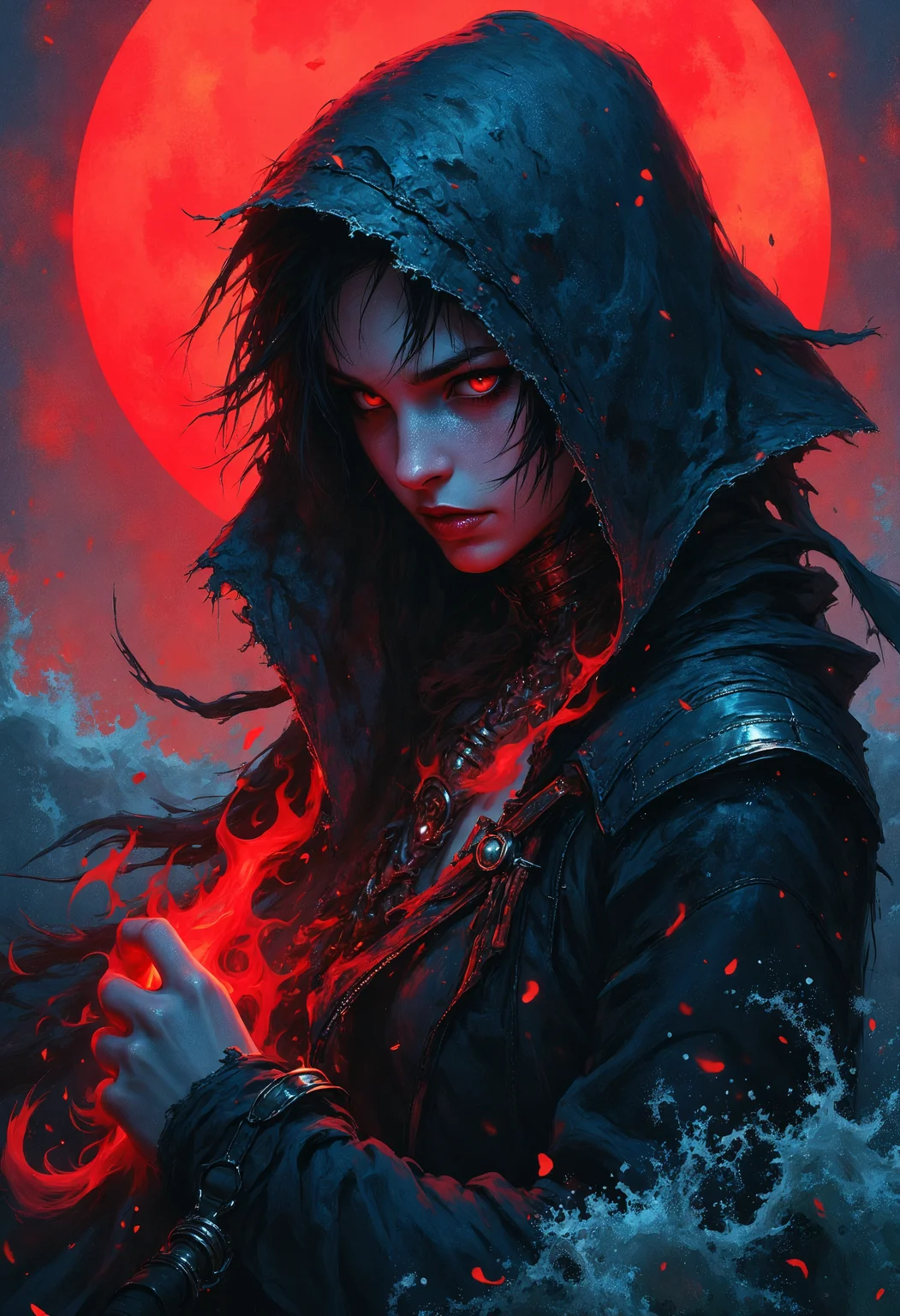 A masterfully crafted stunning image of a ghostly pirate queen, her tattered cloak made of living mist, Her face has a half-smirk of defiance and spectral flames flicker in her eyes, She holds no weapons but the phantom outlines of blades hover near her hands, The stormy ocean behind her is illuminated by a blood-red moon, Style is Nautical Horror-Fantasy, dramatic close-up with backlit storm effects, eerie glow, (elaborate fine details:1.1), (hyperdetailed:1.1), (intricate details:1.0), (Refined details:1.1), (best quality:1.1), (high resolution:1.2),