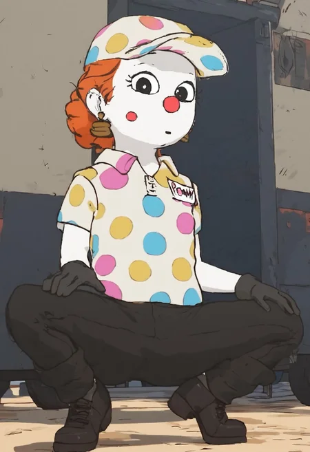 penny_bgtpb_clown, 1girl, chibi, curly orange hair (redhead, hair bun), big eyes, black eyes, big clown red nose, clown makeup (white skin, blush makeup), earrings, white cap (multicolored polka dots), white polo shirt (multicolored polka dots, name tag), black gloves, black pants, black shoes, score_9_up, score_8_up, score_7_up, BREAK, 1girl, solo, from below, head tilt, horny, crouching, ninja pose, spreading legs, looking at viewer, ultra detailed, detailed background, trailer park, masterpiece, best quality, 8k, Expressiveh,