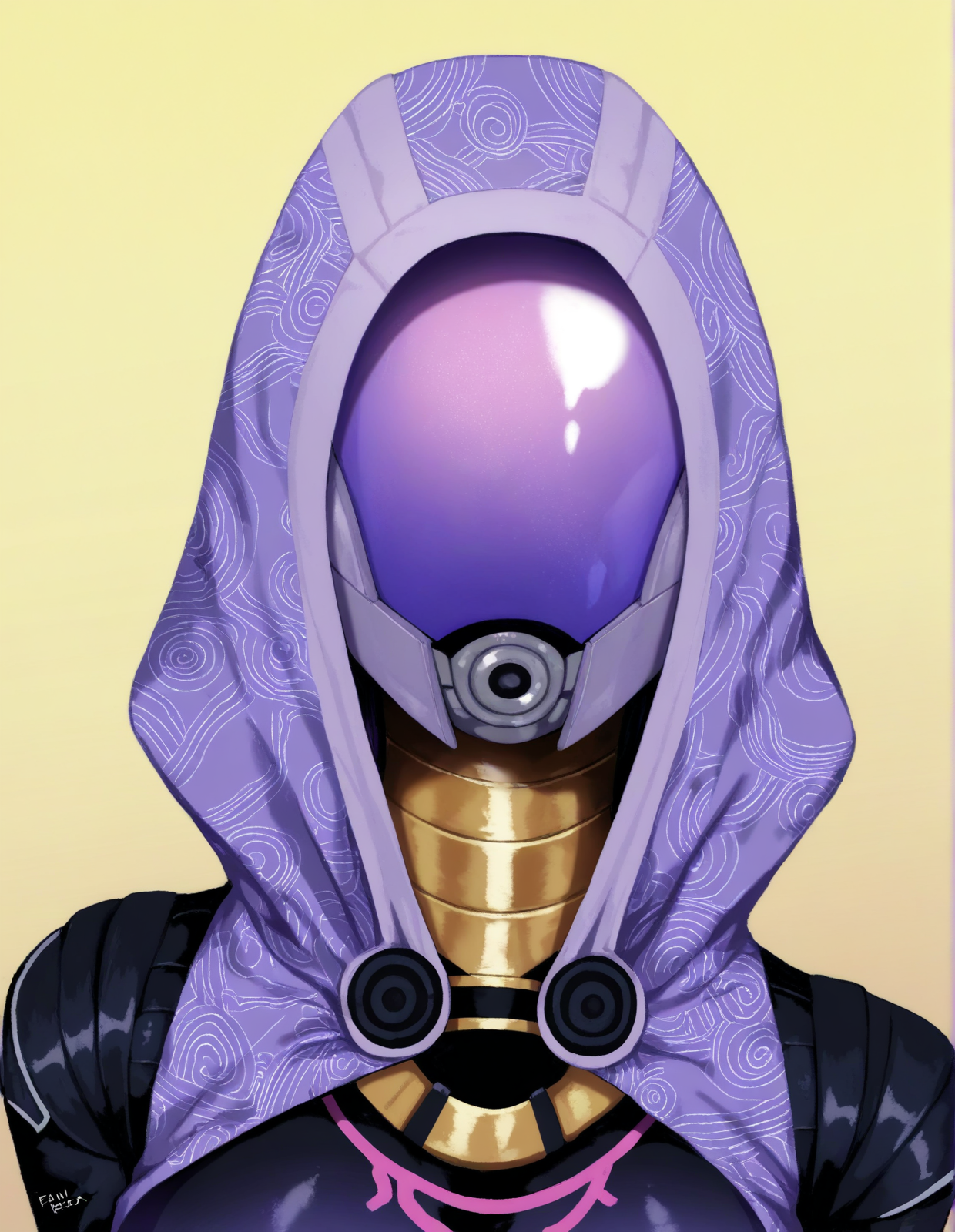 <lora:tali'zorah_noobv11eps_v1:1> (masterpiece, best quality, highres, absurd res, newest), , (by fenn.perrox, takanashi akihito:1.1), (tali'zorah, quarian:1.2), bodysuit, clothed, clothing, ((upper body, portrait)), headshot portrait, looking at viewer, covered eyes, helmet, hood, yellow background, gradient background,âââ