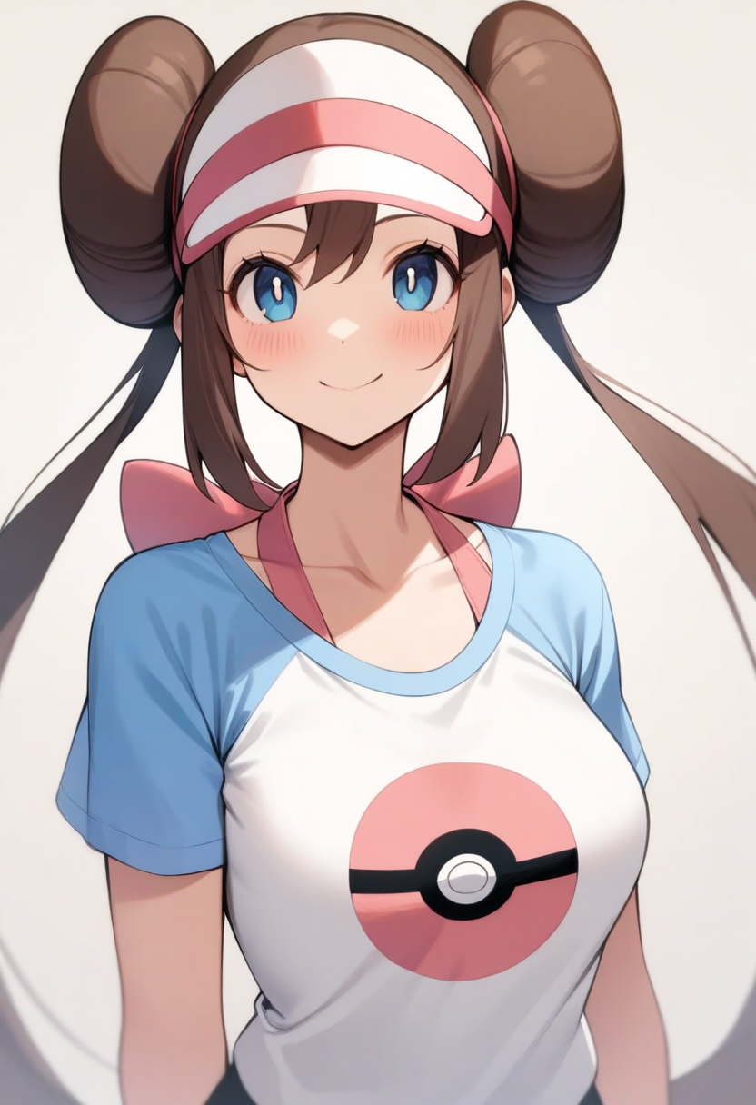 masterpiece,best quality,very aesthetic,absurdres,<lora:rosa_(pokemon):1>,rosa_\(pokemon\),highres,collarbone,pink_bow,smile,blush,print_shirt,1girl,blue_shirt,solo,upper_body,visor_cap,white_shirt,poke_ball_print,double_bun,closed_mouth,
