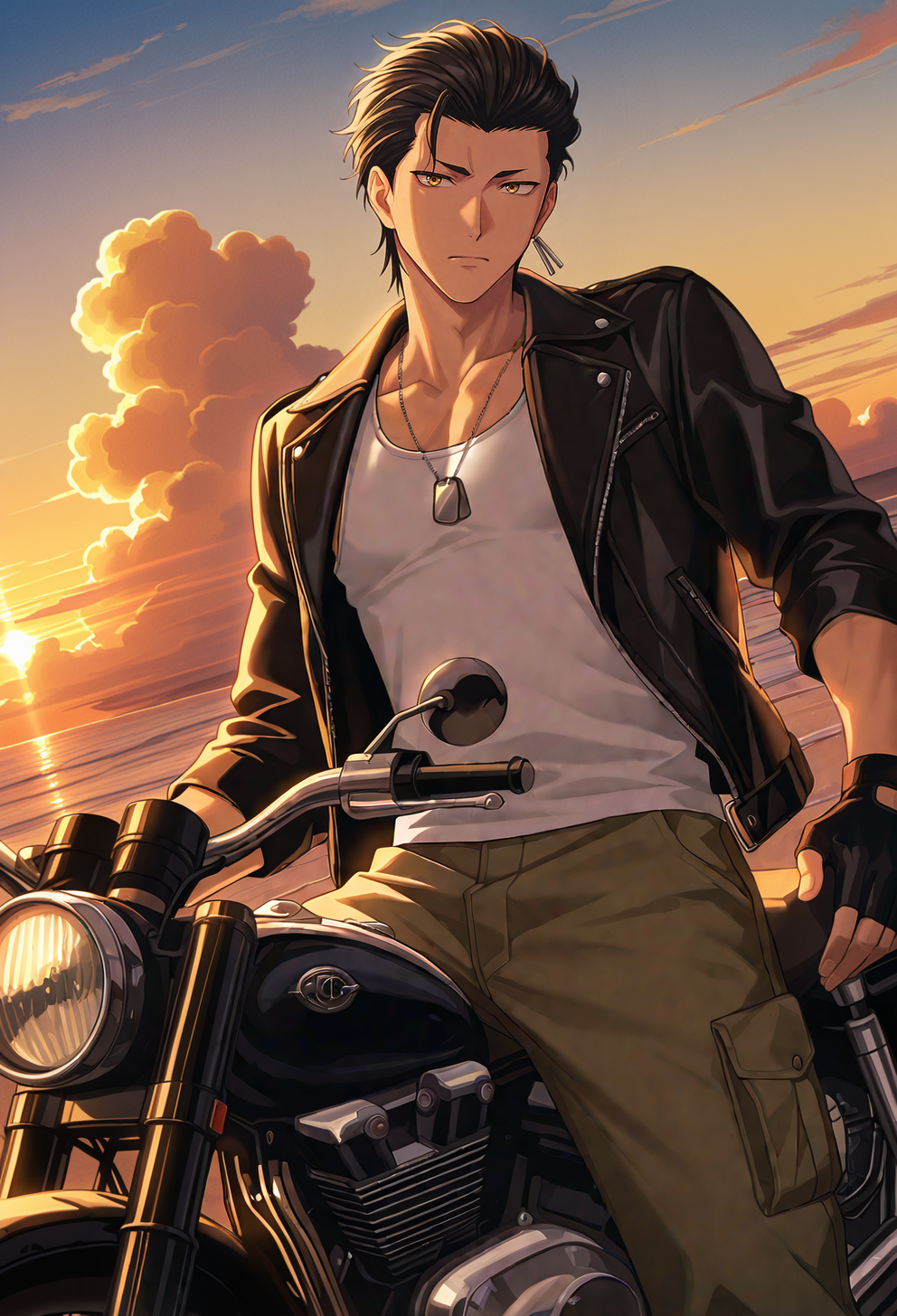 masterpiece,best quality,very aesthetic,newest,absurdres,anime screencap,intricate details,good quality,very awa,highres,perfect proportions,perfect eyes,amazing quality,very aesthetic,anime screenshot,
<lora:noobai_vpred_1_aqm_complete_v3:1>,
<lora:Sakurai_Kouchi_Tokimeki_Memorial_GS_3:0.9>,
sk0u1ch1,black_sk0u1ch1_hair,amber_sk0u1ch1_eyes,sk0u1ch1_single_earring,1boy,male focus,solo,manly,
film grain,golden hour,horizon,cumulonimbus cloud,vintage motorcycle,looking at viewer,leather jacket,white tank top,dog tags,cargo pants,backlighting,black fingerless gloves,
shadow,dynamic angle,dynamic action,atmospheric perspective,intricate lighting,intricately detailed illustration,depth of field