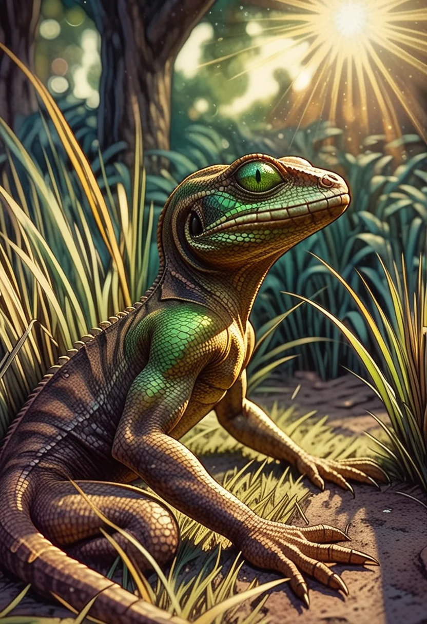 <lora:harlem_renaissance_sdxl_v1:0.8>, harlem_renaissance, an illustration of a lizard with green eyes sitting in the grass with the sun shining through the eyes of the lizard ' s eyes, glossy paper, iso150, 35mm, score_9, score_8_up, score_7_up, intricate details, Hyperrealism style, 3d, concept-art,dreaminess, psychedelic, shallow-depth-of-field applied,, cinematic lighting, soft bokeh, very beautiful composition, Unreal, real-time 3D, Epic Games style, Unreal Engine style, 3d-rendering, vibrant contrast depth and shadow enhanced using (Gaussian blur) for a soft background focus, (sharpen filter) (color grading) to enhance contrast between warm and cool tones, (noise reduction) for a smooth, clean finish, , (HDR toning) used for extra depth and detail, highly detailed dreamy background detailed skin texture, subsurface scattering award-winning, professional, highly detailed . dreamlike, mysterious, provocative, symbolic, intricate, detailed, hyper-detailed, masterpiece, award winning, midjourneyv6.1