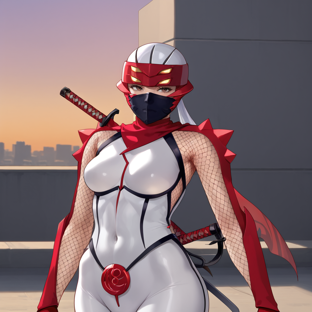 <lora:hibana_pony_v1:.8>  Hibana, 1girl, weapon on back, ninja, mouth mask, white bodysuit, medium breasts, katana, armor, covered navel, scarf, skin tight