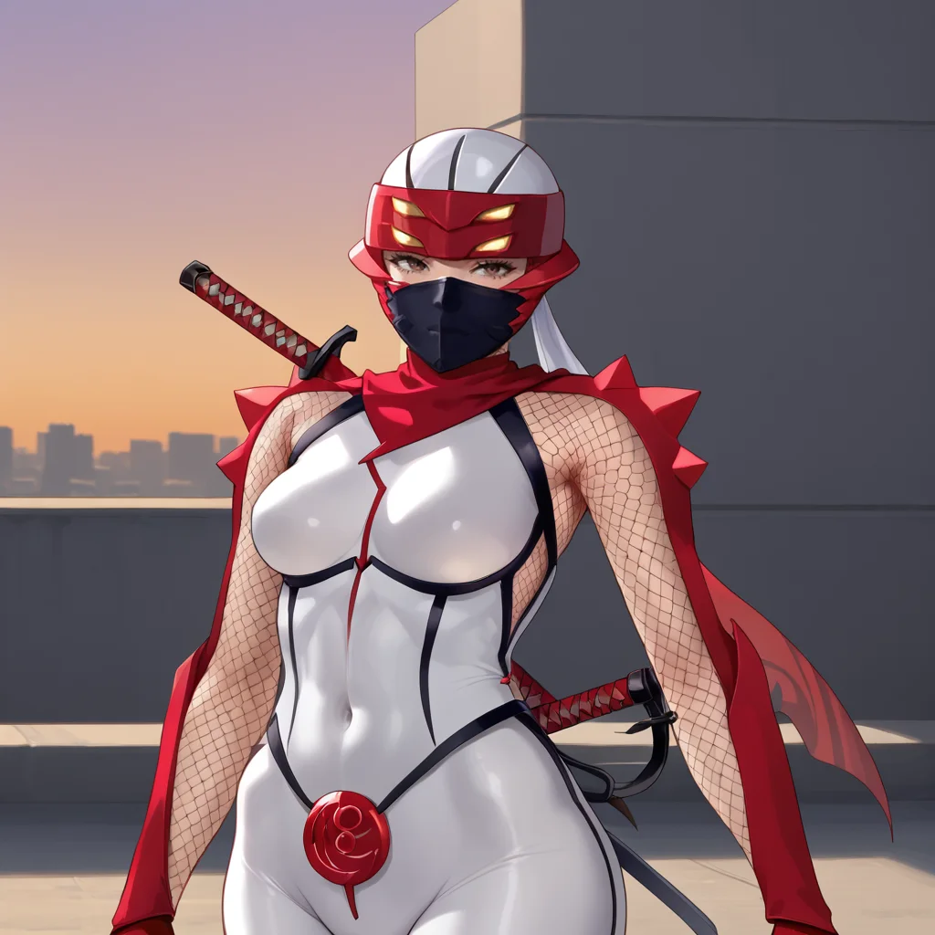 <lora:hibana_pony_v1:.8> Hibana, 1girl, weapon on back, ninja, mouth mask, white bodysuit, medium breasts, katana, armor, covered navel, scarf, skin tight