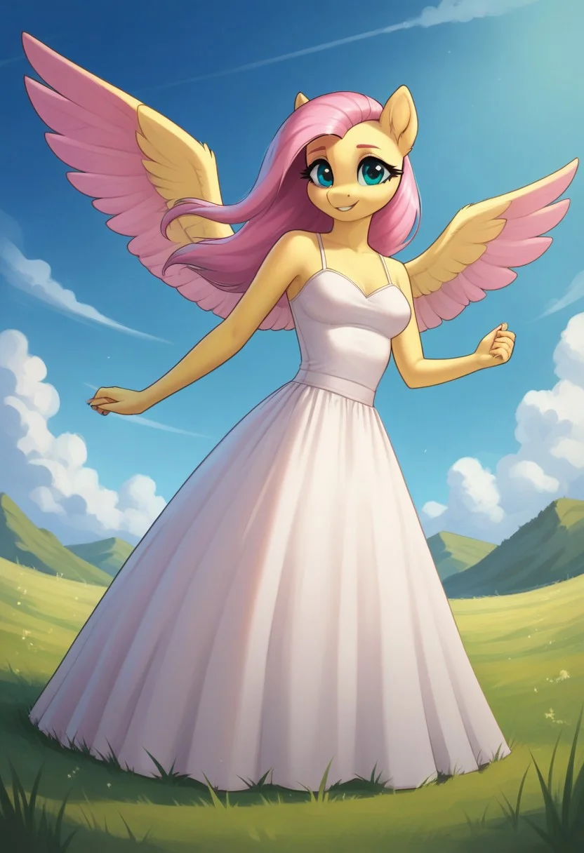 score_9, score_8_up, score_7_up, score_6_up, realistic illustration, dramatic angle, meadow, grass field, outdoors, close view, 1girl, solo, fluttershy, (anthro pony), 18 yo, tail, wings, petite body, shiny skin, medium breasts, white dress, long dress, seduce, seducing, horny face, inviting look, dynamic pose, dramatic angle, standing, looking at you,