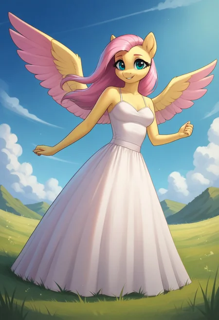 score_9, score_8_up, score_7_up, score_6_up, realistic illustration, dramatic angle, meadow, grass field, outdoors, close view, 1girl, solo, fluttershy, (anthro pony), 18 yo, tail, wings, petite body, shiny skin, medium breasts, white dress, long dress, seduce, seducing, horny face, inviting look, dynamic pose, dramatic angle, standing, looking at you,