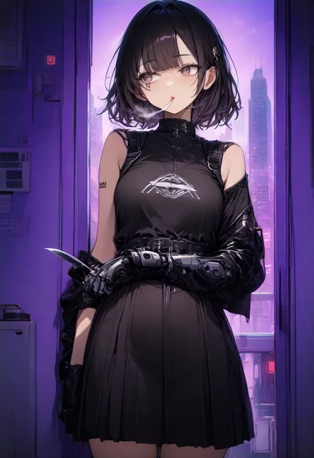1girl, solo, safe,
japanese, Cyberpunk(green and purple background, big buildings, neon signs, open bars, prostitutes offering themselves:1.2),smoking,
black armored suit, one arm sleveless, sidbob, short black undercut hair, mechanical arm, mechanical eye, holding Knife, looking to side, barcode tattoo under eye, number tattoo in arm,
<lora:LoraANGXL4Z_YamiStyle_v2:1.5>
masterpiece, high score, great score, absurdres.