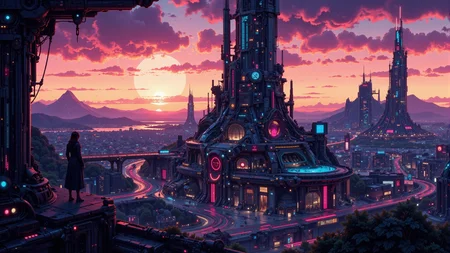 a futuristic planetary city beautiful landscape, evening, woman, very intricate, very detailed, sharp, bright, colorful, <lora:Hand v2:0.5> <lora:Anti-Blur:1><lora:Insane Detail Slider:0.25> <lora:flux.1_lora_flyway_Epic-detail_v2:0.3> <lora:fluxenhancer:0.25> <lora:Neurocore Anime Cyberpunk v2.0:1> A digital artwork in the style of cknc <lora:abyss-neon:0.6> bo-neon