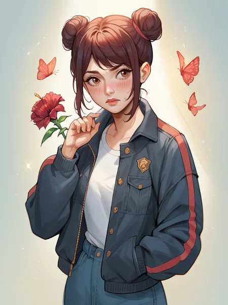 source_anime, score_9, score_8_up, score_7_up, score_6_up, score_5_up, <lora:t0sh14XLP:1> t0sh14, red flower, jacket, double bun, blush,