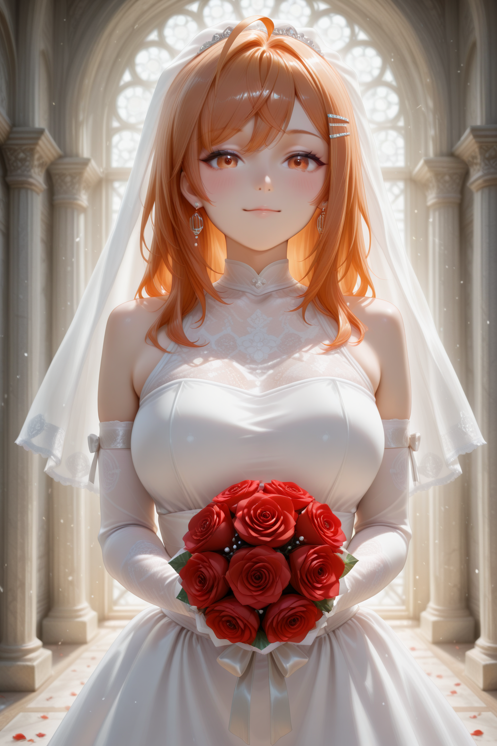 masterpiece, best quality, amazing quality, 1girl, solo, makeup, general, looking at viewer, blush, cowboy shot, light smile, outdoors, white veil, bridal veil, rose decorations, laced gloves, wedding dress, holding bouquet, (confetti), white dress, holding bouquet, (confetti:1.1), <lora:Hololive_Ririkarika:1>, Hololive_Ririkarika, long hair, hairclip, orange hair, multicolored hair, orange eyes, large breasts, ahoge, <lora:wai-2Rectified-V140:1>, <lora:Illustrious_-_Refiner:1>