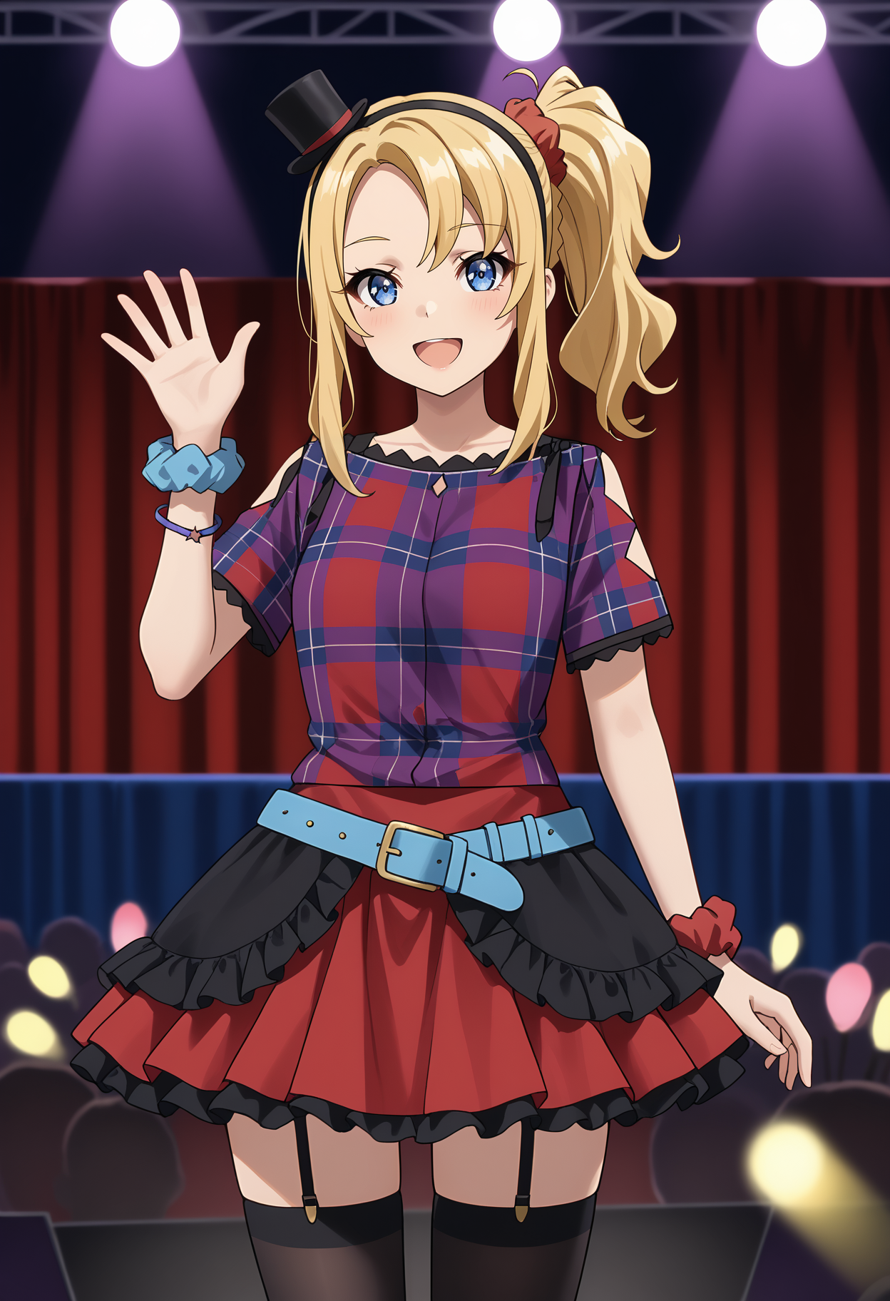 score_9,
<lora:SeishunButaYarou_ToyohamaNodokaXL:0.8>,
1girl, solo, open mouth, light smile,
side ponytail, blonde hair, blue eyes, parted bangs, hair scrunchie, red scrunchie, black hairband, mini hat,
NodokaIdol, plaid shirt, red shirt, purple shirt, blue belt, short sleeves, clothing cutout, bracelet, wrist scrunchie, frilled skirt, layered skirt, black skirt, red skirt, garter straps, black thighhighs,
waving, thigh gap, standing, looking at viewer,
blurry background, stage, stage lights