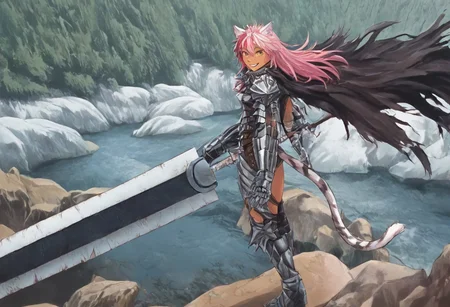 masterpiece, very aesthetic, anime screenshot, 1girl, Pink_PonyXL, DragonSlayerSword-Il.V1.0, white tiger striped armor, white tiger striped shoulder armor, gauntlets, greaves, bandaged arm, white tiger striped cape, torn cape, bright pink hair, cat ears, scar on nose, cat bell around neck, tanned, white tiger tail, small breasts, femine body, smiling, making a cute cat face, single fanged tooth showing, standing, looking at viewer, side view, wielding-dragonslayer, huge weapon, sword, holding sword, holding weapon, full body, zoomed in on pink_ponyxl, Dutch angle, cowboy shot
Break
Hyilian lake, bright and sunny,