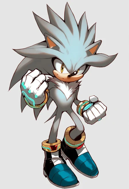 Madmark style, gabrielpicolo, score_9, score_8_up, score_7_up, score_6_up, silver the hedgehog, 1 boy, furry male, solo, animal ears, yellow eyes, animal nose, body fur, fur trim, white gloves, bracelet, tail, boots, male focus, standing, dynamic pose, white background