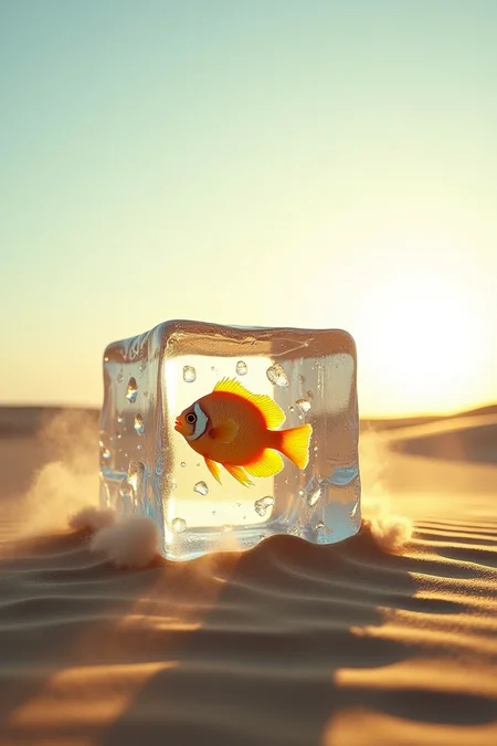 cinematic photo desert, pale yellow sand, wind picks up sand blowing across the desert in the foreground is an enormous ice cube, the ice cube (encloses:1) a coloured tropical fish, the sun is low in the sky it shines through the ice cube, the ice cube is steaming slightly, 35mm photograph, film, professional, 4k, highly detailed