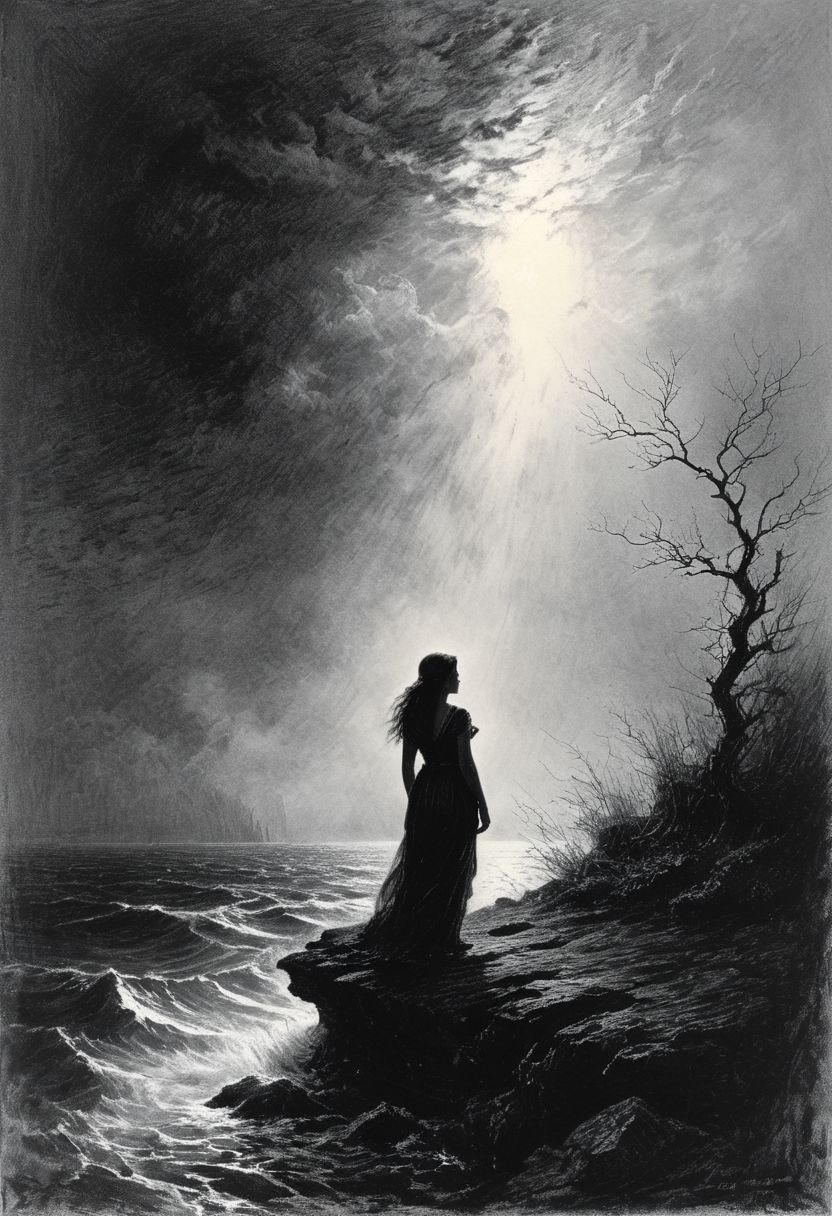 (masterpiece), (best quality), (ultra-detailed), Charcoal and chalk drawings. 
Exquisitely detailed, dark fantasy illustration depicts a surreal fantasy, soft background, sky, with soft clouds, rainbow and storm,  dimmed, aesthetics,  4k, painted, highly intricated details, volumetric lightings, from behind girl , Odilon Redon,  Pino Daeni,  Carne Griffiths, gustave dore, miciangels, caravaggio, color accent, 
 She invites the viewer to immerse herself in the contemplation of beauty and think about the eternal truths of existence, in the style of Bernie Wrightson, Anders Zorn, Alexi Brilo, Luis Royo