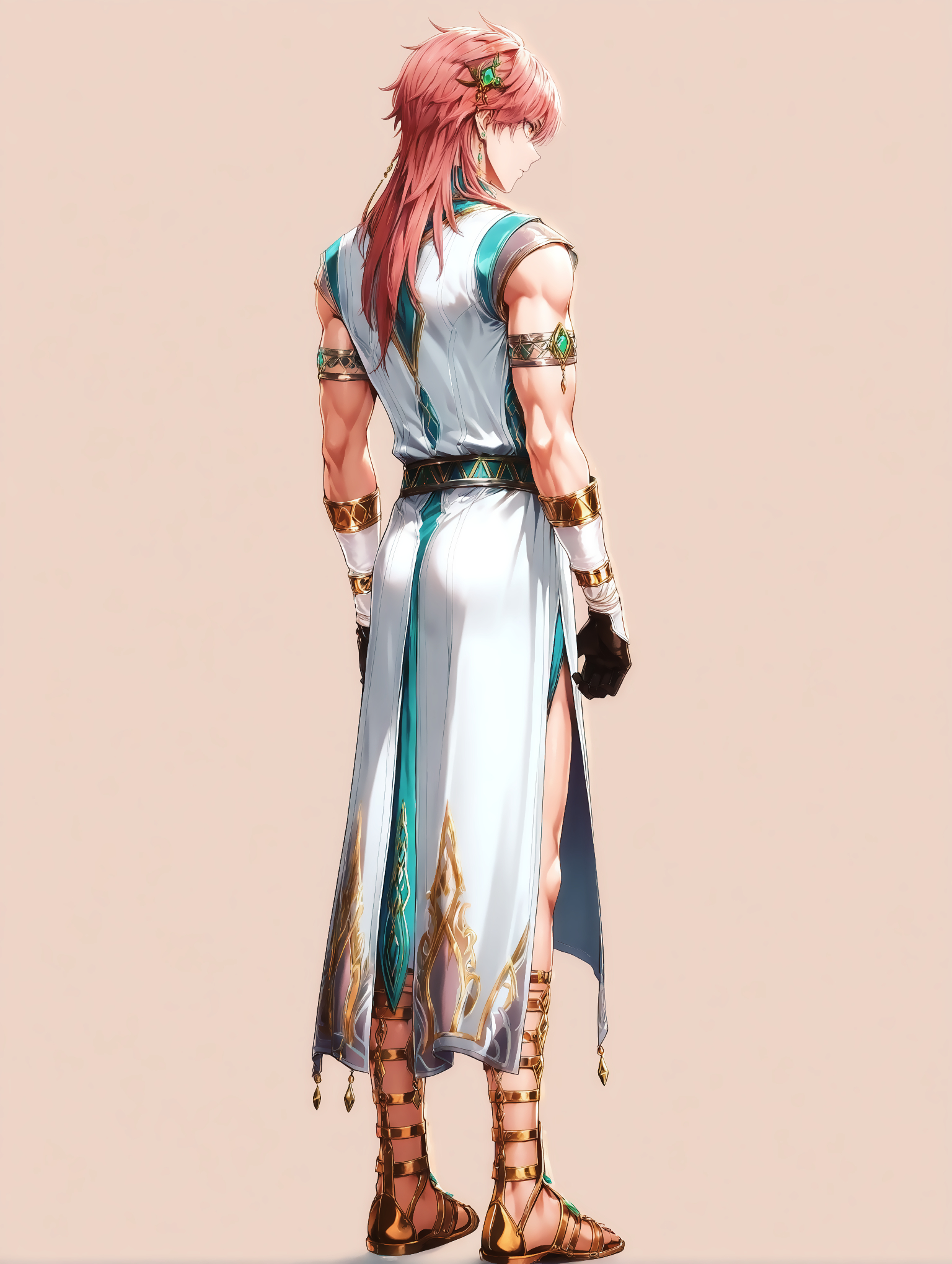 masterpiece, very aesthetic, best quality, amazing quality, solo, imtdkonghongjun, 1boy, male, standing, from behind, jewelry, pink hair, long hair, earrings, yellow eyes, hair ornament, sleeveless, long tunic, bangs, sandals, golden sandals, gloves, gem, simple background, fit body, toned, tunic
