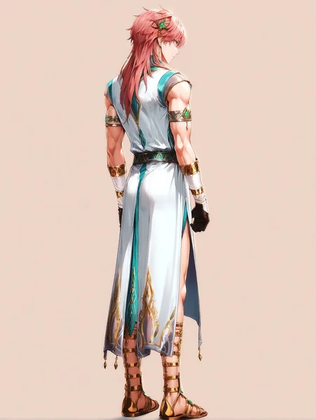 masterpiece, very aesthetic, best quality, amazing quality, solo, imtdkonghongjun, 1boy, male, standing, from behind, jewelry, pink hair, long hair, earrings, yellow eyes, hair ornament, sleeveless, long tunic, bangs, sandals, golden sandals, gloves, gem, simple background, fit body, toned, tunic
