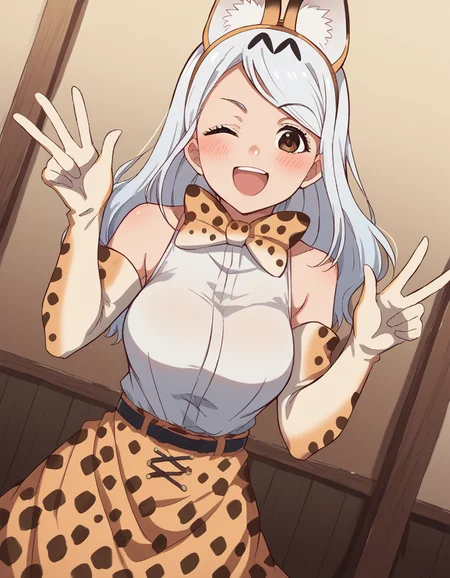 score_9, score_8_up, score_7_up, source_anime, <lora:seiko-ayase-alpha-ponyxl-lora-nochekaiser:1>, seiko ayase, long hair, large breasts, white hair, brown eyes,, <lora:serval-cosplay-ponyxl-lora-nochekaiser:1>, serval cosplay, serval (kemono friends) (cosplay), serval print, print bowtie, print bow, two-tone bowtie, orange bowtie, two-tone bow, print skirt, white bowtie, orange bow, animal ears, belt, cat ears, fake animal ears, gloves, leopard print, yellow skirt, white shirt, sleeveless, sleeveless shirt,, savannah, open mouth, blush, smile, one eye closed,, cowboy shot, looking at viewer,, , dutch angle, cowboy shot