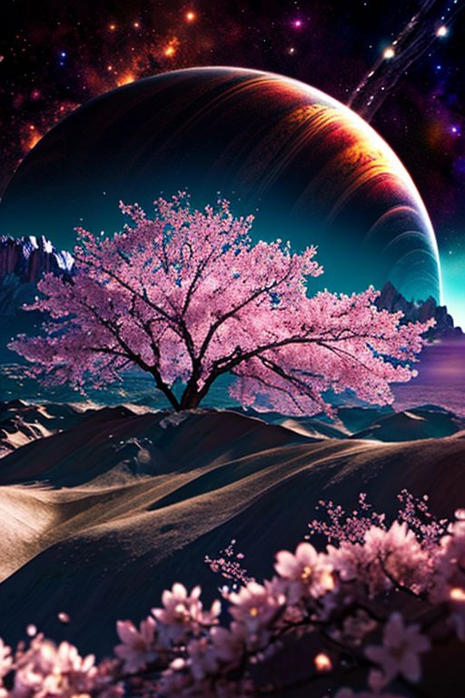 Planet surface landscape, background mountains, glowing, plants, sci-fi, fantasy, space art, galaxy background, tree on planet, cherry blossoms, sakura flowers, shooting stars, dynamic angles, intricate details, film grain, accent lighting, soft volumetric light, shallow depth of field , cinematography, realistic, SyFyEye1.
3D