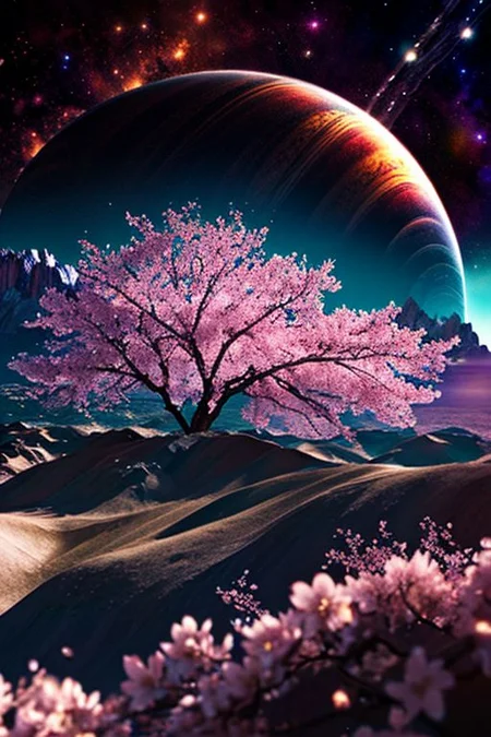 Planet surface landscape, background mountains, glowing, plants, sci-fi, fantasy, space art, galaxy background, tree on planet, cherry blossoms, sakura flowers, shooting stars, dynamic angles, intricate details, film grain, accent lighting, soft volumetric light, shallow depth of field , cinematography, realistic, SyFyEye1.
3D