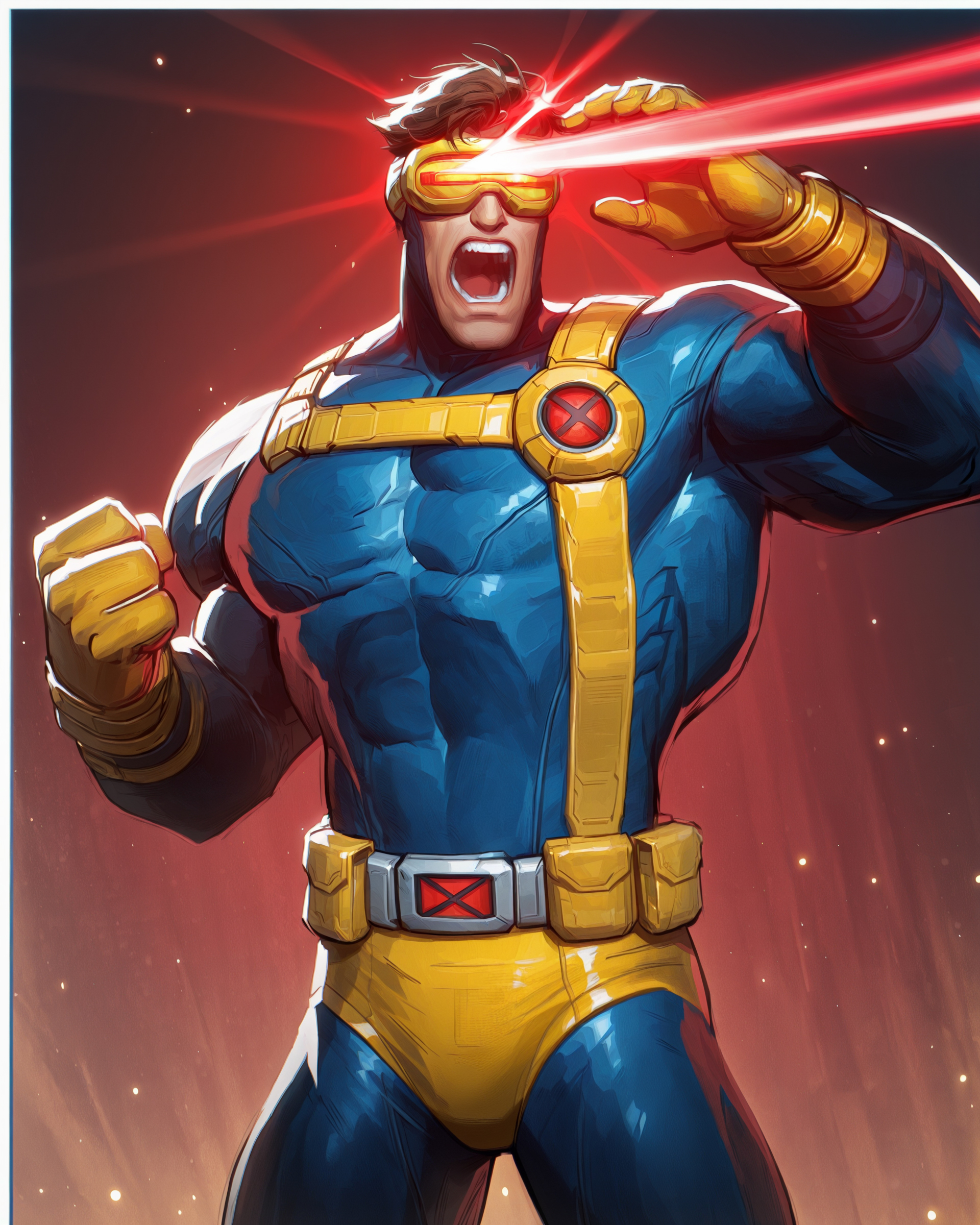 masterpiece,best quality,  MarvelRivals,,,semi realistic, cartoon,,gradient_background, white_border,1boy, solo, CyclopsX-Men, utility_belt, chest_harness, bodysuit, blue_bodysuit, yellow_gloves, brown_hair, short_hair, goggles, briefs, yellow_male_underwear, facing_to_the_side, facing_viewer, muscular, hand_on_headwear, glowing goggles, light particles, red light particles, legs_apart, standing, clenched_hand, touching goggles, portrait, open_mouth, shouting, laser, eyebeam,
