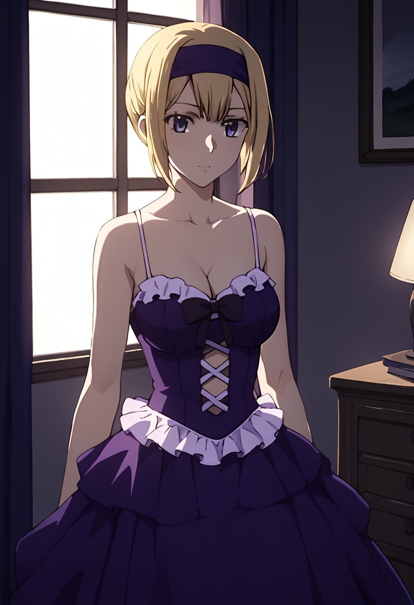 score_9, score_8_up, score_7_up, at room. Indoor,,night view, moonlight,female,louise halevy, blonde hair, purple headscarf , purple dinner wear,solo