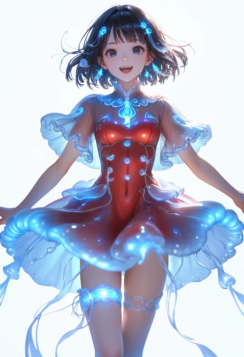 score_9, score_8_up, score_7_up, source_anime, masterpiece, best quality, perfect anatomy, very aesthetic, ((outlined outlined vector graphics)),no norm,
, cute face, (glow eyes:0.8), 1girl, 20yo, black hair, black eyes, short bob hair, hair pin,mdeium breast, slender,(white thigh strap:1.1),solo, glittering, glowing, white background , simple background,
front view , looking at viewer , mdeium breast,fantasy,, standing , , action pose , blue dress,,clothed, ,(happy:1.0) ,open eyes , jellyfish outfit,jellyfish dress, red dress, <lora:jellyfish-outfit-01:1.0>