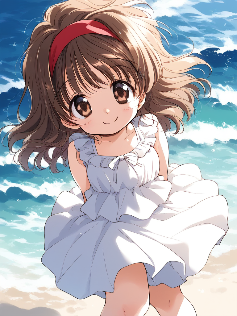 score_9, score_8_up, score_7_up, source_anime, rating_explicit, BREAK  <lora:Kana_graduate_XL:1> Kana_graduate, brown eyes, brown hair, long hair, red hairband, bangs, short stack, wave hair,
white dress. white skirt. frill, 
beach, summer,
smile,
looking at viewer, 
cowboyShot,