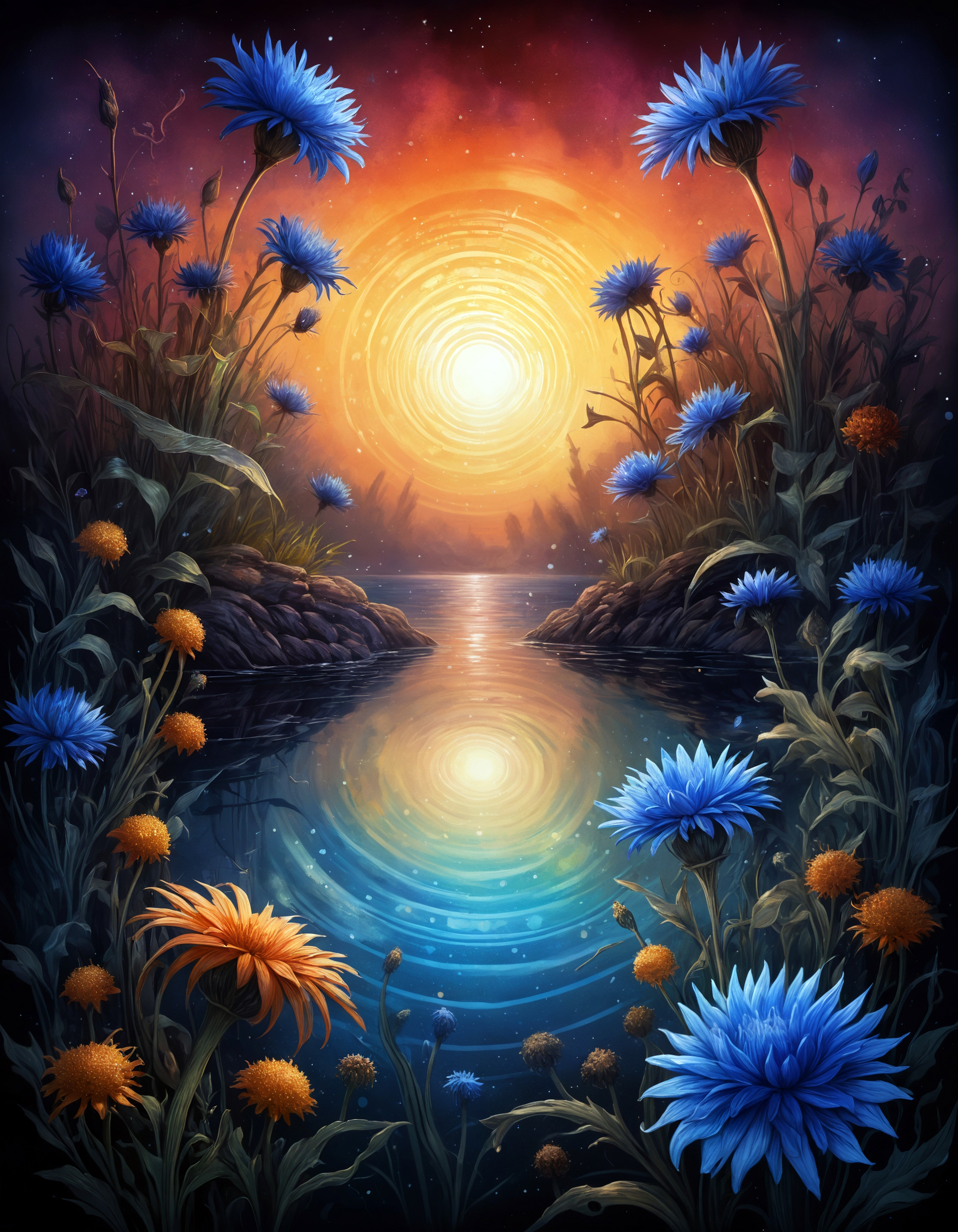 summer, ink painting, acrylic, cute cornflowers, sunrise, by Craola, Dan Mumford, Andy Kehoe, 2d, flat, cute, adorable, vintage, art, fairytale, storybook detailed illustration, cinematic, ultra highly detailed, tiny details, beautiful details, mystical, luminism, vibrant colors, complex background, stunning, energy, molecular, textures, iridescent and luminescent scales, breathtaking beauty, pure perfection, divine presence, unforgettable, impressive, breathtaking beauty, Volumetric light, auras, rays, vivid colors reflects, magnificent, celestial, ethereal, epic, magical, dreamy, chiaroscuro, atmospheric lighting, 