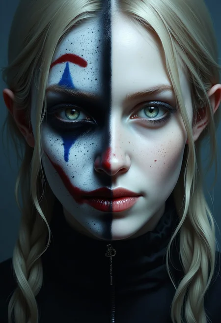 This is a highly detailed, realistic digital painting depicting a beautiful goth woman, half human, sinister clown. her left side is beautiful and graceful, she has blond hair and green eyes, everything looks human on her left side with a touch of gohtic makeup.
on the right side, her clown sinister face shows, with black tears und strichen über den augen. das ganze bild wirk fast farblos.
her sinister clown side smiles maniacally, while your human side radiates a charming smile
