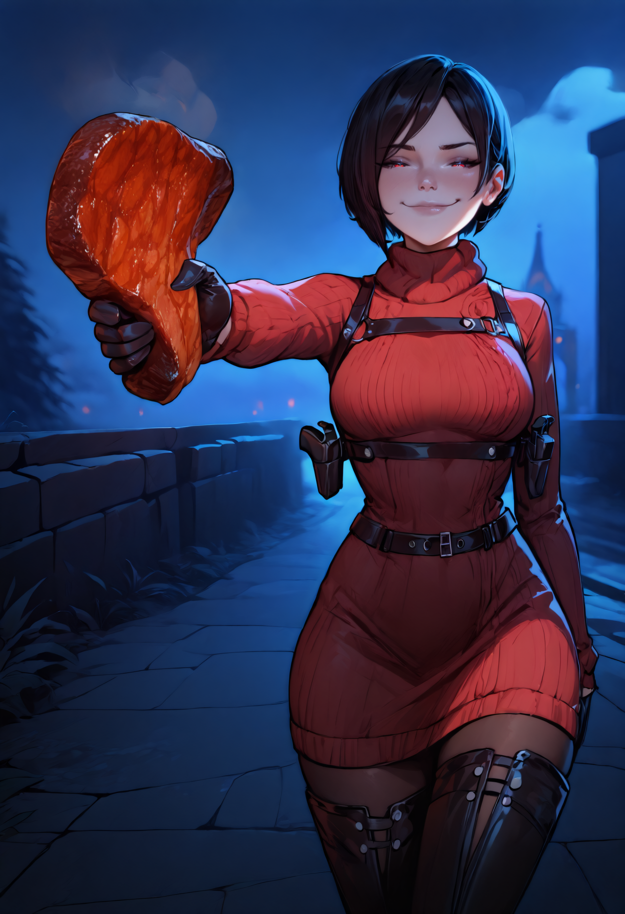 masterpiece, best quality, newest, dark, night, outdoors, closed mouth, 1girl, solo, looking at viewer, smug, holding steak, outstretched arm, <lora:You Can Just Give This Kind of Thing to Men and They Will Be Thrilled:2>
ada wong, black gloves, red dress, sweater dress, black pantyhose, thigh boots, thighhigh, belt buckle, harness, holster