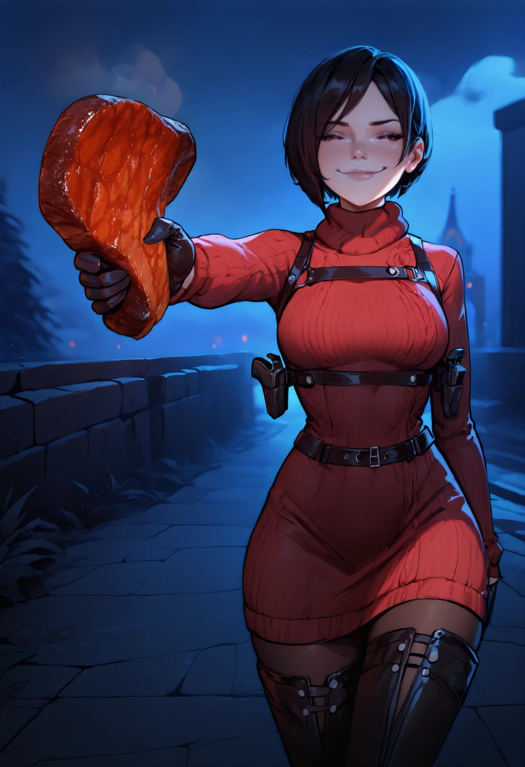 masterpiece, best quality, newest, dark, night, outdoors, closed mouth, 1girl, solo, looking at viewer, smug, holding steak, outstretched arm, <lora:You Can Just Give This Kind of Thing to Men and They Will Be Thrilled:2>
ada wong, black gloves, red dress, sweater dress, black pantyhose, thigh boots, thighhigh, belt buckle, harness, holster