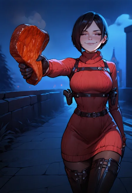 masterpiece, best quality, newest, dark, night, outdoors, closed mouth, 1girl, solo, looking at viewer, smug, holding steak, outstretched arm, <lora:You Can Just Give This Kind of Thing to Men and They Will Be Thrilled:2>
ada wong, black gloves, red dress, sweater dress, black pantyhose, thigh boots, thighhigh, belt buckle, harness, holster