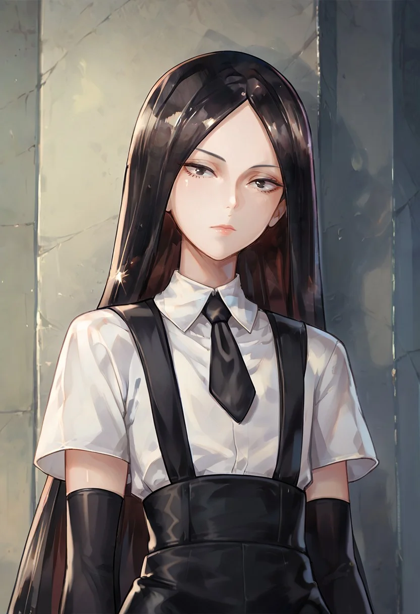 score_9, score_8_up, score_7_up,bordxl11, androgynous, black hair,crystal hair, parted bangs, black eyes, very long hair, gem uniform (houseki no kuni), white shirt, black gloves, black necktie, short sleeves, black shorts with suspenders, black stocking, face, close up,
<lora:BordXl21:1.0>