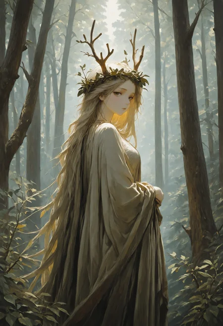 rnsls2, 1girl, solo, long hair, tree, druid, looking at viewer, nature, outdoors, antlers, from side, forest, branch, leaf, closed mouth, white dress, standing, dress, pale skin, head wreath, masterfully painted, amazing quality, beautifully drawn, incredibly absurdres, best resolution, elegantly detailed, very aesthetic, high quality, high resolution, newest, very_awa, latest, 2025, , <lora:e3fa5c18-014a-4810-9873-3ff582ed3d64:0.9>