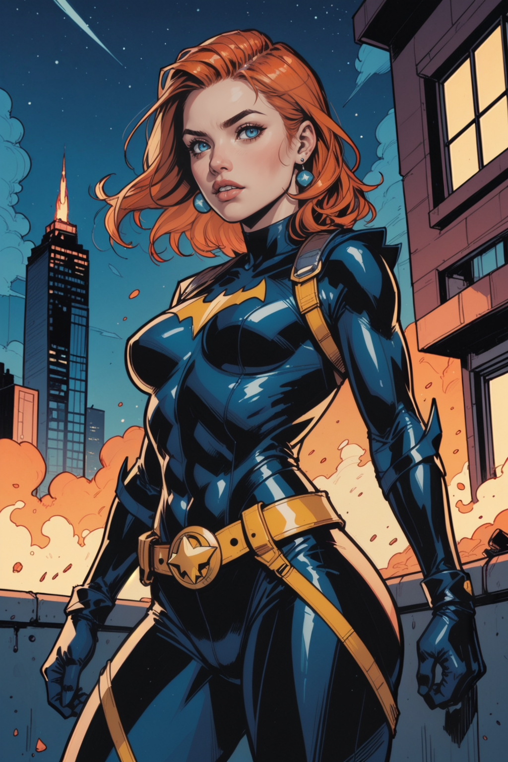 1girl, night, solo, jewelry, breasts, superhero, night sky, bodysuit, sky, earrings, looking at viewer, belt, fire, building, lips, medium breasts, blue eyes, orange hair, outdoors, parted lips, city, skin tight, stud earrings, black bodysuit, upper body, skyscraper, star \(sky\), teeth, cityscape, brown belt, cloud, short hair, long hair, utility belt, red hair, medium hair
batgirl, <lora:Expressive_H:0.5>, score_9, score_8_up, score_8_up, a_Comic_Illustration, rough lines with ink, (drawn:1.1), (sketch:1.5), (crosshatching:1.25), (comic style:1.1), graphic novel style, sharp lines, hires, zstyle, (western comics \(style\):1.1), (hatching \(texture\):1.2), zPDXL, Mr_Monster_Possitive, beautiful detailed eyes, extreme details eyes,  perfect anatomy,, 1girl, thighs, cowboy shot