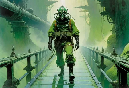 enki bilal, philippe druillet, moebius inspired heavy metal art, A man in a gas mask crosses a bridge, surrounded by death, thick green fog surrounds the man, scary, high detail, 8k, John Berkey Style, <lora:jbs:0.2>