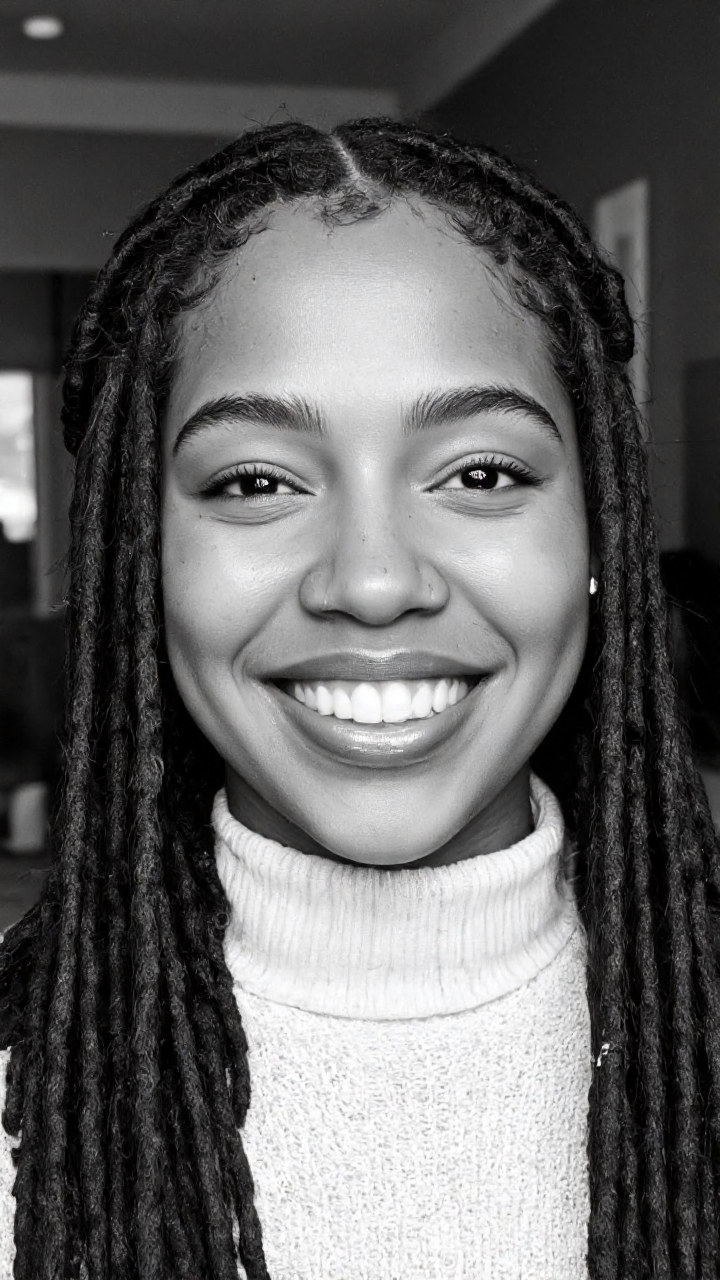 black-and-white photograph of a young woman with a radiant smile, showcasing her beautiful dark skin and natural beauty. She has a confident and warm expression, with her eyes glistening and her teeth gleaming. Her hair is styled in long, thick dreadlocks, which cascade down her shoulders and frame her face, adding texture and depth to the image. She is wearing a high-necked garment, likely a sweater, which contrasts subtly with her skin tone. A small nose ring adorns her left nostril, adding a touch of personal style. The background is out of focus, ensuring that all attention is directed towards her face, which is the focal point of the photograph. The lighting is soft and even, highlighting her features without harsh shadows. The monochromatic nature of the photograph emphasizes the textures and contrasts within her skin, hair, and clothing, creating a striking visual effect that is both timeless and modern. The overall mood of the image is one of warmth, confidence, and natural beauty, captured in a classic black-and-white style that enhances the emotional impact.,aidmaimageupgrader, aidmaMJ6.1 <lora:aidmaMJ6.1-FLUX-v0.5:0.7> <lora:aidmaImageUprader-FLUX-v0.3:0.4>