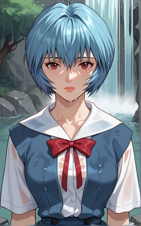 score_9, score_8_up, score_7_up, absurdres, portrait, rain, sad, crying, waterfall, wet, wet clothes, closed mouth, hydrangea, outdoors, solo, looking at viewer, <lora:PONYXL_Eve_ReiAyanami_ownwaifu:1>, BREAK MainOutfit_ReiAyanami_ownwaifu, 1girl, short hair, red eyes, blue hair, bangs, white shirt, red ribbon, short sleeves, neck ribbon, hair between eyes, collarbone, suspender skirt, sailor collar, pale skin, shirt, blue skirt, school uniform, blue dress, red bow, white sailor collar, breasts, collared shirt, eyebrows visible through hair, shiny hair, pinafore dress, red neckwear, vest, bob cut, bowtie, lips, messy hair, puffy sleeves, aqua hair, <lora:add-detail-xl:0.15>,