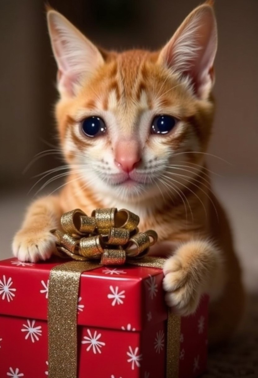 realistic photo of crying cat holding a Christmas present