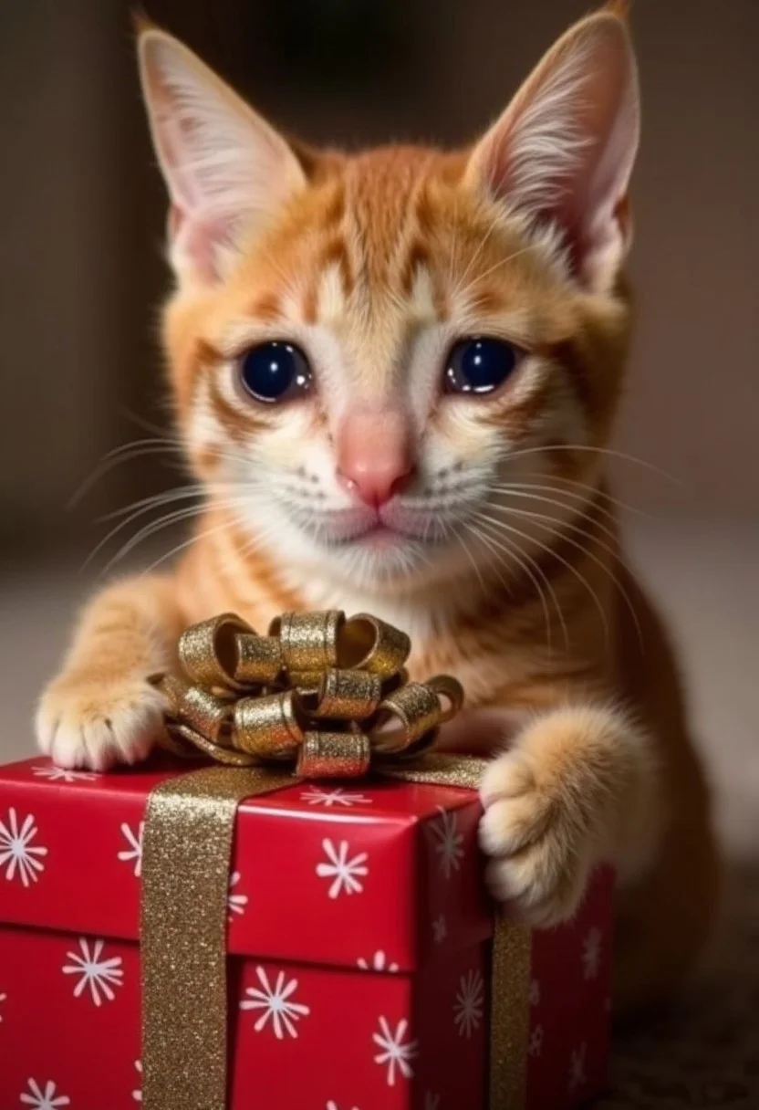 realistic photo of crying cat holding a Christmas present