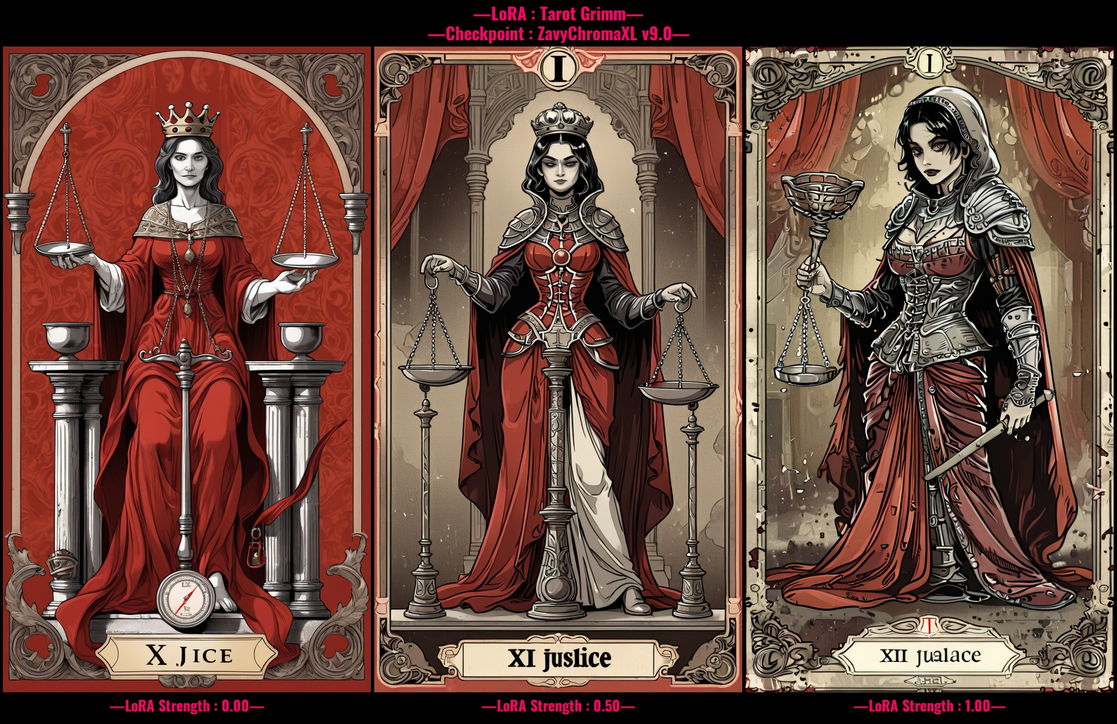 tarot card illustration, grimdark, detailed, "XI Justice" written, woman (holding balance scales in one hand:1.4), wearing royal attire, red robe, crown, seated on throne, antique balance scales, holding balance scale, sword pointed upwards in other hand, columns at sides, red banner background, intricate details, rich symbolism <lora:art_style\xl_Tarot_Grimm>