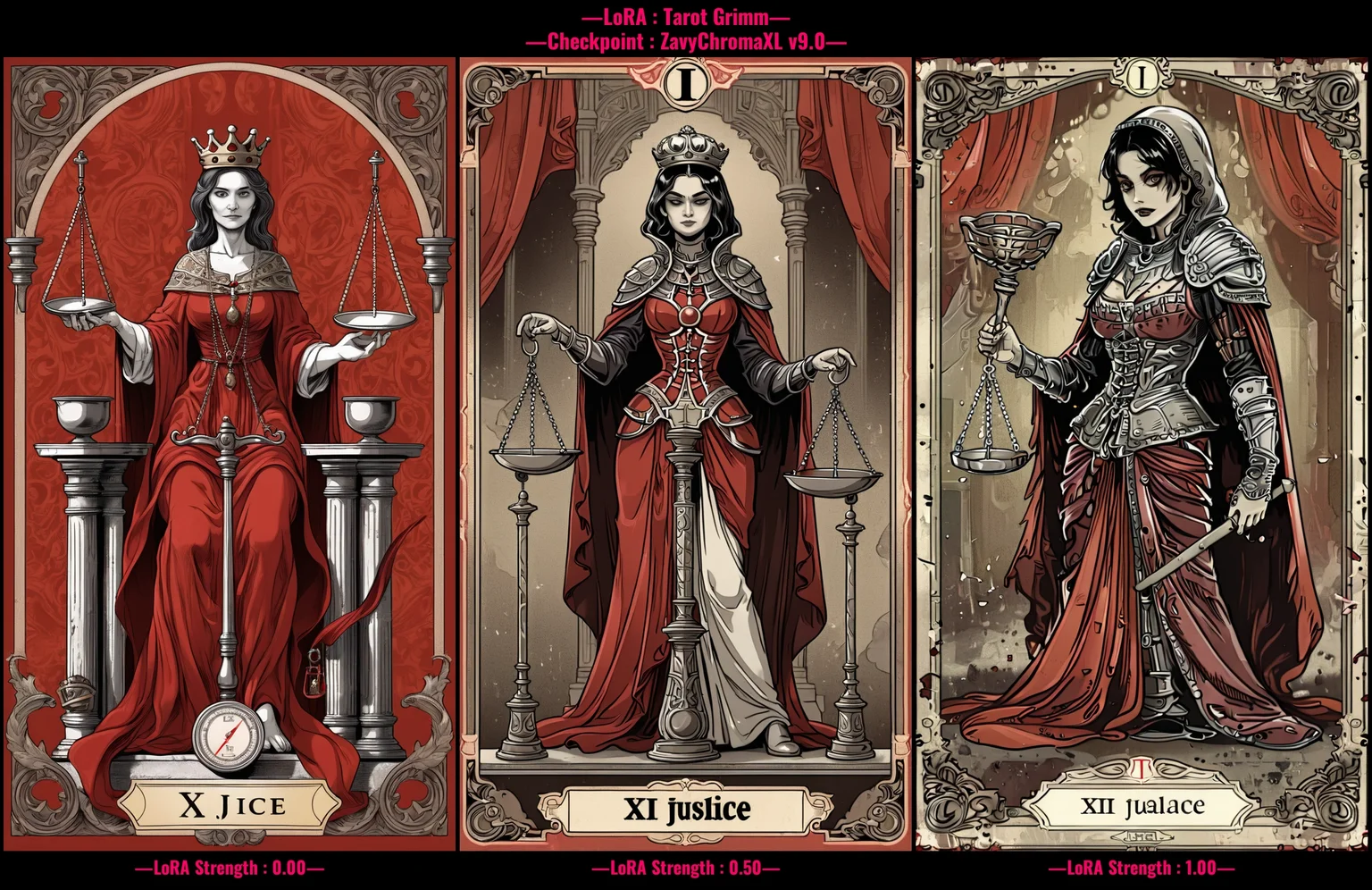 tarot card illustration, grimdark, detailed, "XI Justice" written, woman (holding balance scales in one hand:1.4), wearing royal attire, red robe, crown, seated on throne, antique balance scales, holding balance scale, sword pointed upwards in other hand, columns at sides, red banner background, intricate details, rich symbolism <lora:art_style\xl_Tarot_Grimm>